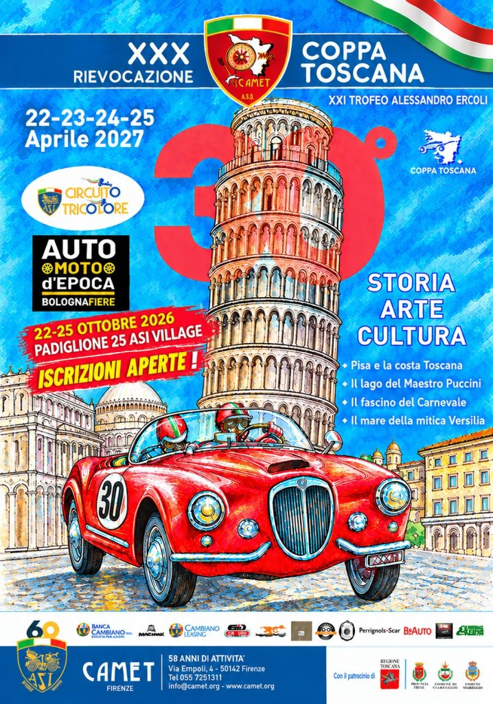 XXX Coppa Toscana - 22-25 Aprile 2027 - presentazione durante Auto e Moto d'Epoca a Bologna - 3 Locandina per Bologna New